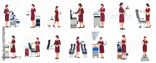 Canvas-taulu Flat vector illustrations of flight attendants in maroon uniforms performing inflight services such as serving beverages and pushing food carts on a plane