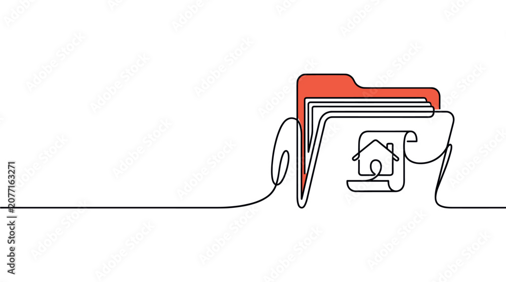 Obraz premium Continuous line drawing of a red folder with a house icon on a document, symbolizing real estate paperwork on a clean white background