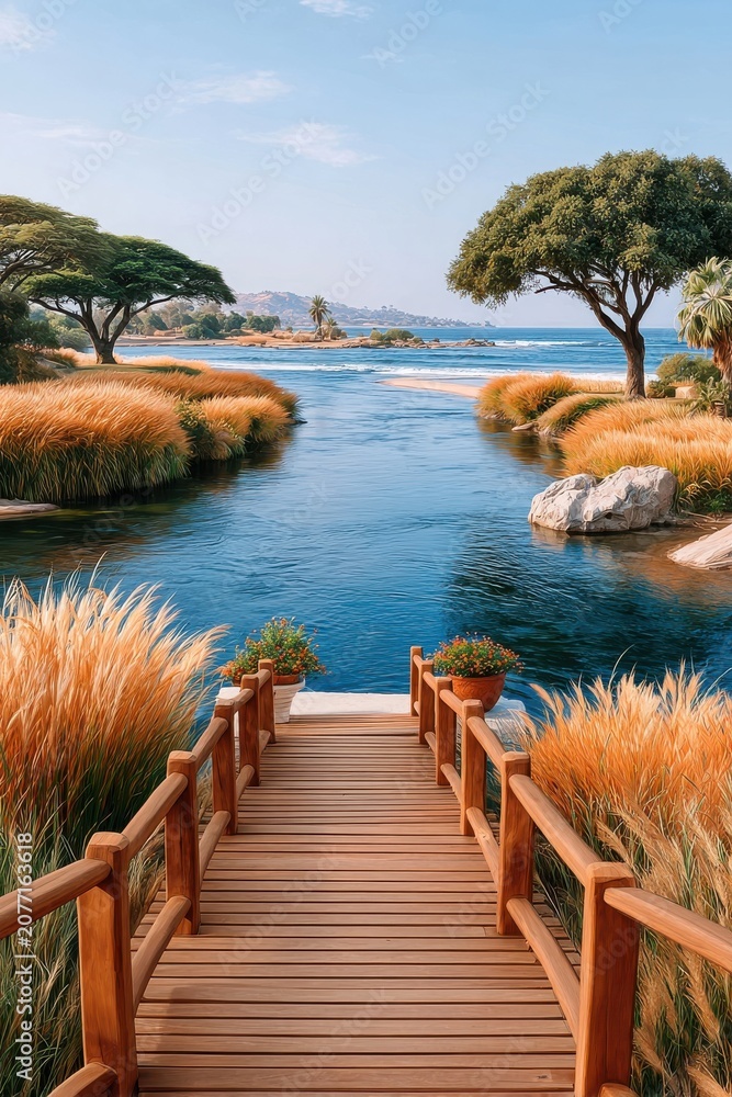 Fototapeta premium Wooden boardwalk leading to a calm river estuary with trees, golden grasses and coastal views
