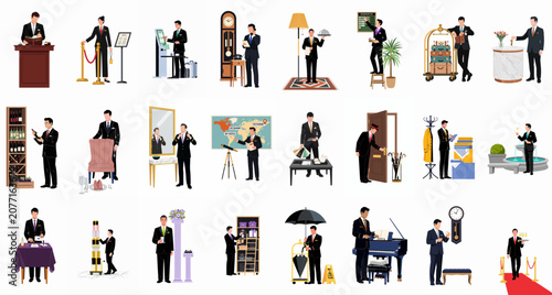 Collection of flat vector illustrations depicting various luxury hotel and hospitality staff characters providing high-end guest services on a white background.