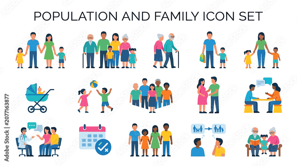 Fototapeta premium A family and population icon set depicting various people and relationships in colorful illustrations