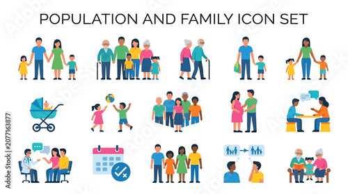 A family and population icon set depicting various people and relationships in colorful illustrations
