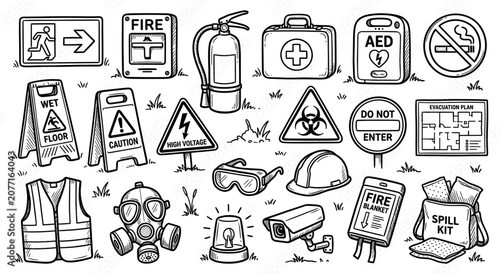Fototapeta premium Various hand-drawn safety and emergency icons are scattered across a white background with subtle grass details, creating a comprehensive collection