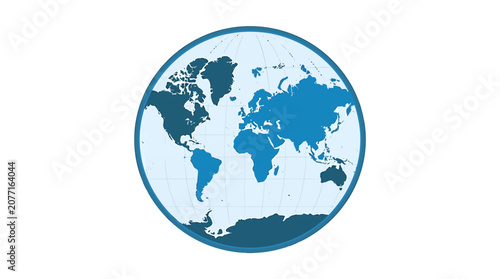 A blue and white illustration of the Earth viewed from space.