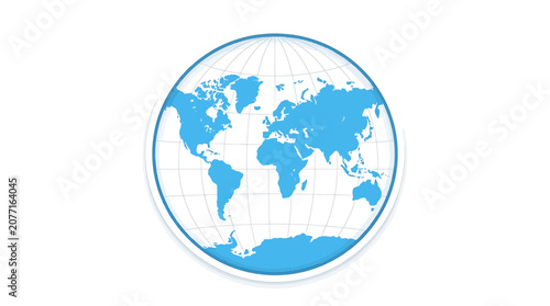 A blue and white globe showcases the world map in a graphic illustration.