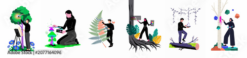 Tablou pe pânză A collection of flat illustrations depicting various artists using digital tools and technology to creatively interact with and manipulate natural elements