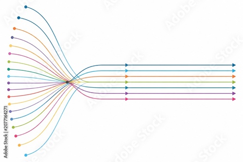 Many lines diverging from a point into parallel channels, diagrammatic on white.