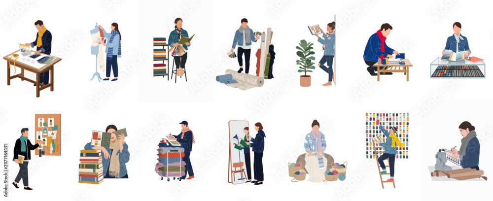 Fototapeta premium Set of diverse fashion designers and tailors working with fabrics, color palettes, and sewing tools in a creative studio environment.