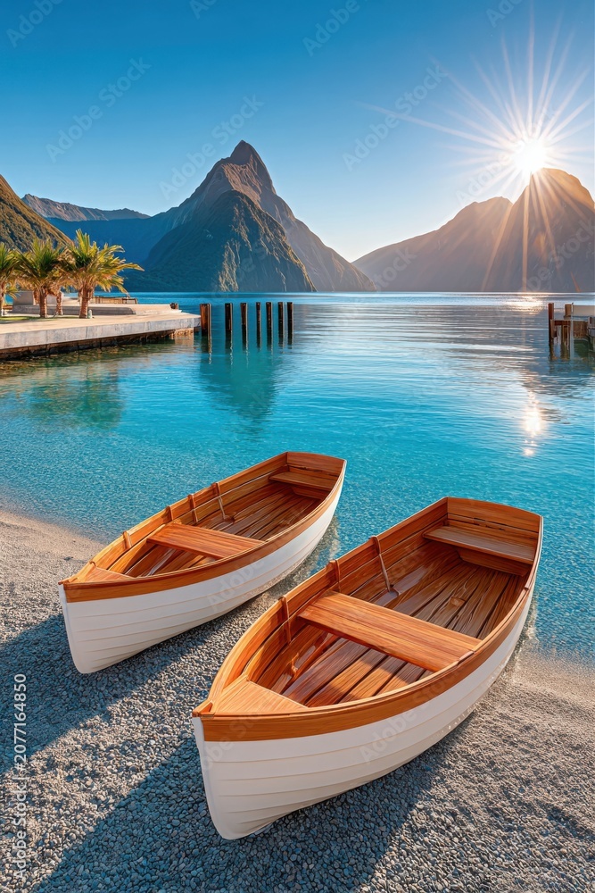 Fototapeta premium Two wooden rowboats on a pebble shore with turquoise lake and mountains at sunrise