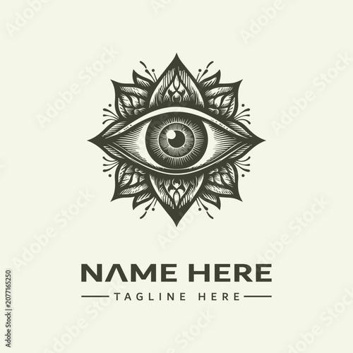 Vector illustration of an eye icon surrounded by an ornate mandala design with geometric patterns on a beige background, forming a stylized icon set.