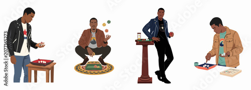 Photos Set of illustrations featuring a young Black man engaged in tabletop roleplaying games and rolling polyhedral dice in various casual poses