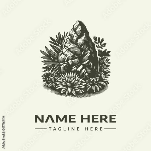 Black and white vector illustration of a plant icon set with a mountain, leaves, and flowers on a beige background for graphic design.