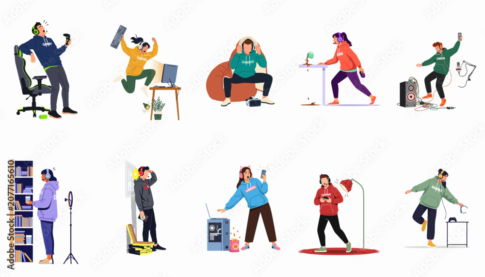 Fototapeta premium Collection of diverse gamers in various funny and emotional situations while playing video games, including winning, losing, and accidental mishaps.