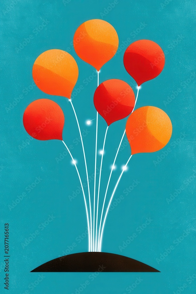 Fototapeta premium Textured conceptual tree of orange balloons on a teal background, abstract festive illustration