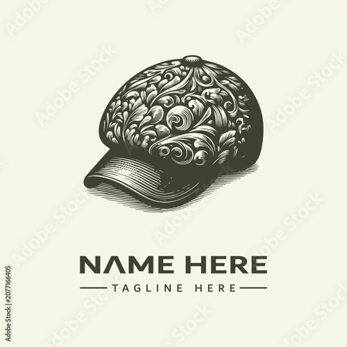 A detailed, grayscale vector illustration of an ornate baseball cap with intricate patterns, presented on a clean white background as part of an icon set.