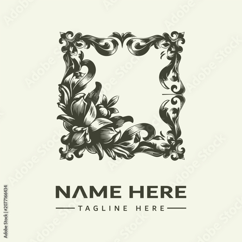 Vector icon set featuring a decorative floral frame with a blank space for a logo or name in a classic, elegant style.