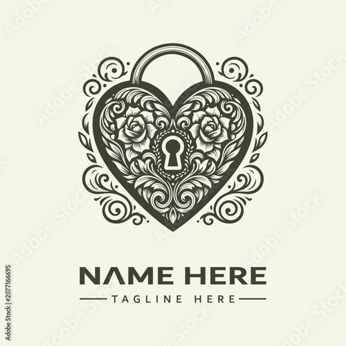 Vector illustration of a heart-shaped padlock with floral patterns and swirls, surrounded by decorative elements on a beige background, forming an icon set.