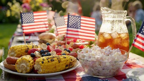 People celebrate USA Independence Day with food and drinks outdoors