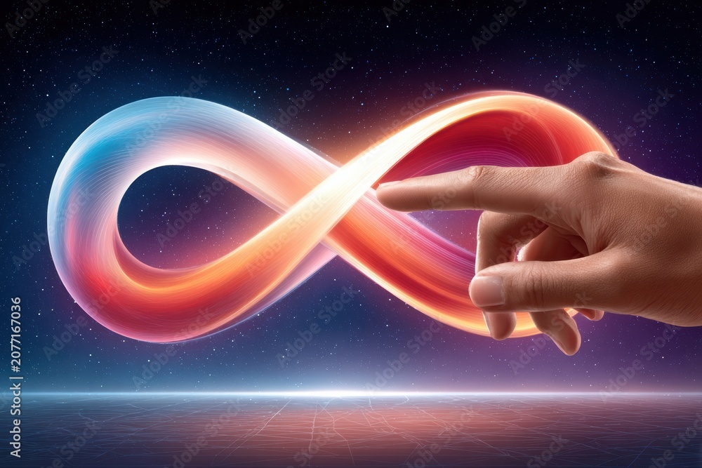Fototapeta premium Hand touching luminous infinity symbol over cosmic background representing digital connection and endless creativity