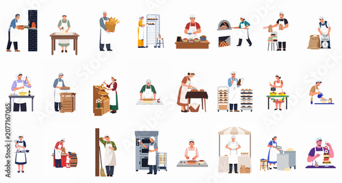 Diverse collection of bakery professionals and home bakers performing various tasks like kneading dough, baking, decorating cakes, and selling fresh bread.