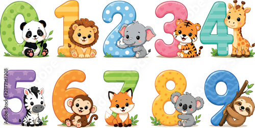 Photography Cute Cartoon Animal Numbers Zero to Nine Vector Set for Kindergarten Children Ed