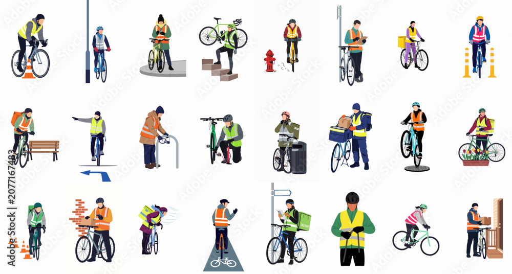 Fototapeta premium Large Collection of Flat Vector Illustrations Showing Bicycle Couriers and Urban Cyclists in Safety Gear Performing Various Delivery and Commuting Tasks
