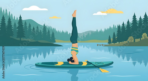 Summer flat character illustrations in summer yoga on a lake
