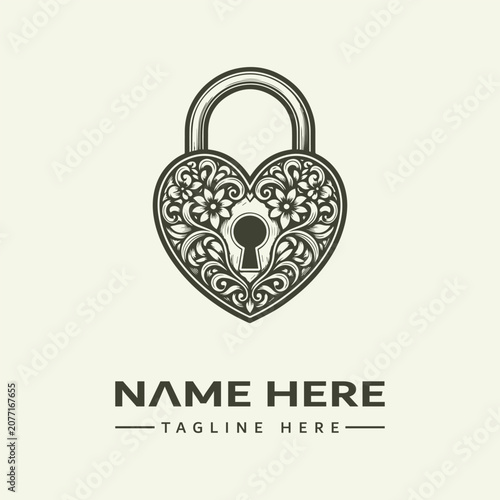 Vector illustration of a heart-shaped padlock with floral patterns and a keyhole on a beige background, part of a customizable icon set.
