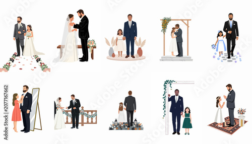 Tableau sur toile Collection of diverse father and daughter wedding illustrations featuring various ceremony moments in a modern flat vector style
