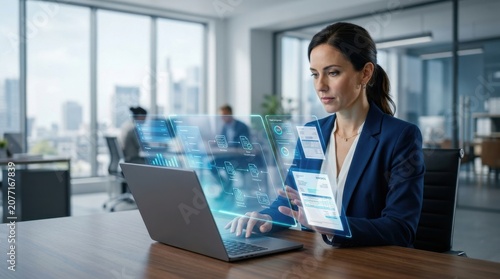 Businesswoman using intelligent document processing platform on laptop in office.