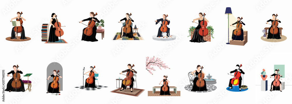 Fototapeta premium Collection of flat vector illustrations depicting a professional female cellist in elegant black dresses playing in various indoor and outdoor settings.