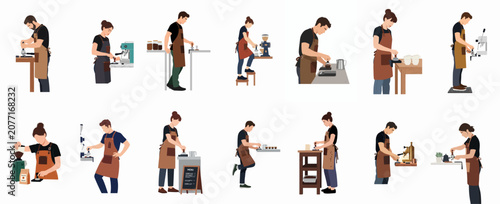 Bild auf Leinwand Set of Professional Barista Characters Preparing Coffee, Tamping Espresso, and O