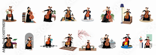 Collection of flat vector illustrations depicting a professional female cellist in elegant black dresses playing in various indoor and outdoor settings.