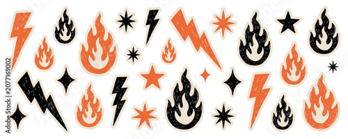 Fire Flame Doodle Icon Set with Grunge Brush Scribble Lightning Energy Burst Vector Collection