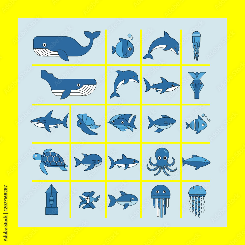 Fototapeta premium Marine life icons displayed on a grid for educational purposes in an aquarium setting