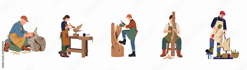 Fototapeta premium Illustration set of artisans and woodcarvers working on various wooden sculptures and logs using traditional hand tools on a white background.