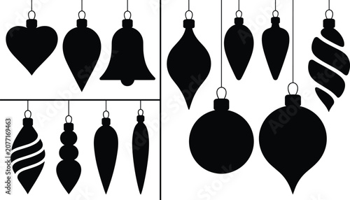 Elegant black Christmas ornament silhouette collection with festive decorative shapes for holiday design and seasonal vector artwork