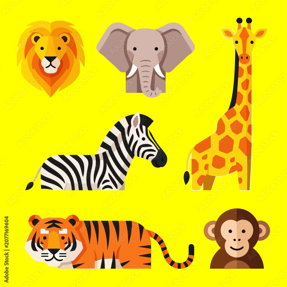 Obraz premium Vibrant illustrations of lion, elephant, giraffe, zebra, tiger, and monkey on bright yellow background.
