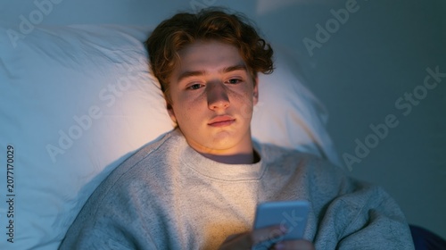 Freckled youngster is having insomnia and thus texting with their friends: addiction to social media. Active screen time