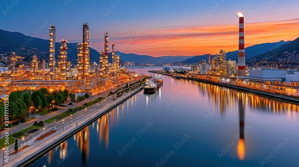 Fototapeta premium Aerial night view of illuminated petrochemical refinery and waterfront at sunset with ship