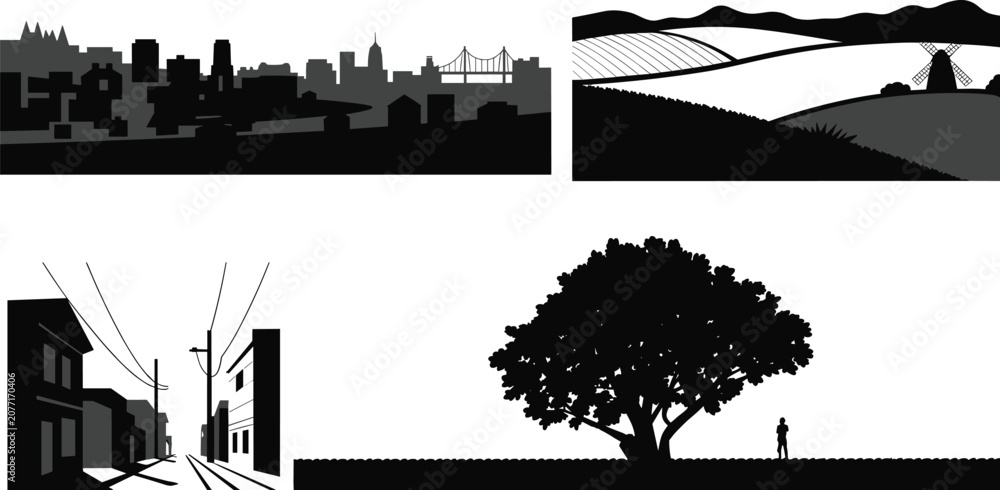 Obraz premium Landscape Scene Black Silhouette Collection with City, Village, Farm, and Nature Vector Set