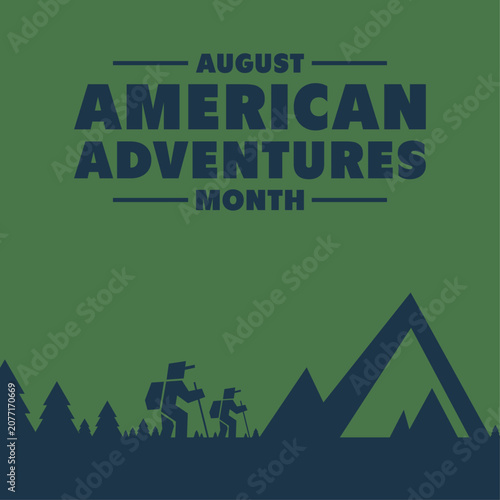 American Adventures Month greeting card or social media post template with camping, hiking, and outdoor exploration concept.