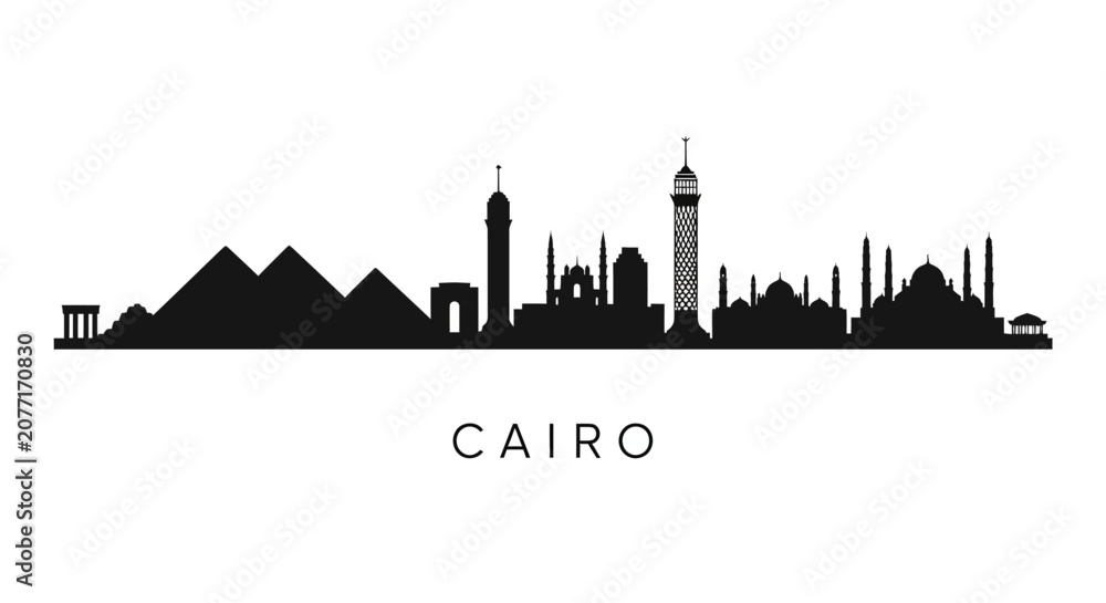 Fototapeta premium Silhouette of Cairo skyline with famous landmarks, cityscape, black image
