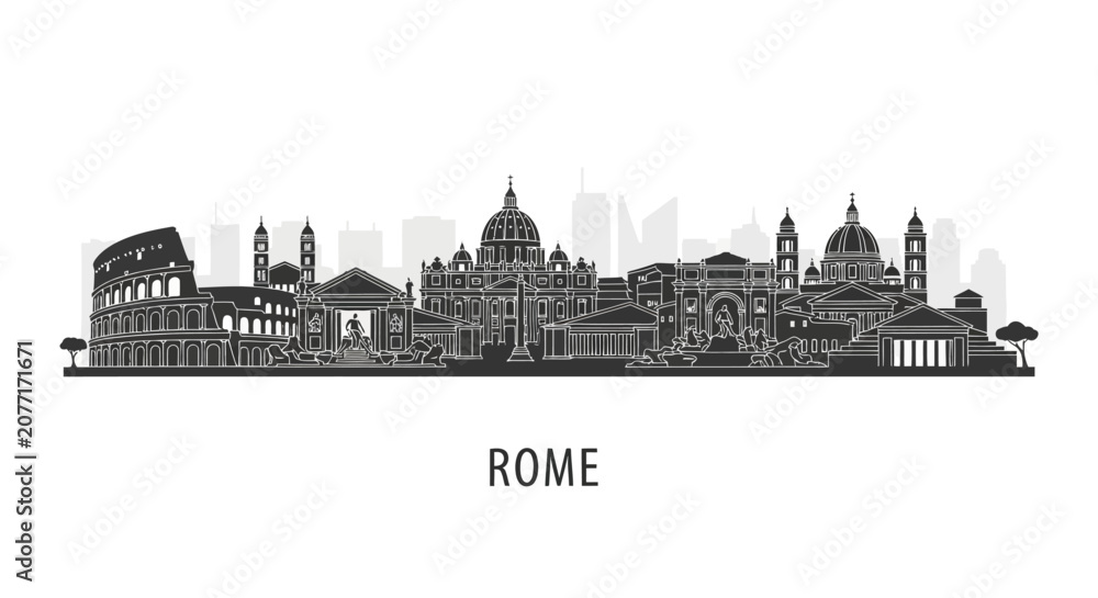Fototapeta premium Rome City Skyline Silhouette: Iconic Landmarks Graphic Illustration