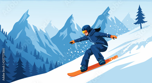 Foto Active Female Snowboarder on Snowy Mountain Slope Vector Illustration Graphic De