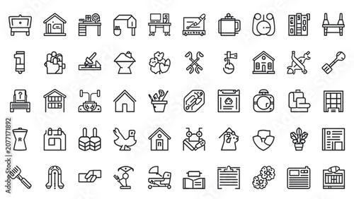 Bild auf Leinwand Home improvement and country lifestyle line icons set for gardening farming dome