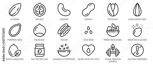 Nuts and seeds line icon set. Black and white vector illustrations of almond, walnut, cashew, peanut and nutritional concepts. Healthy food, plant protein diet elements and allergy warning