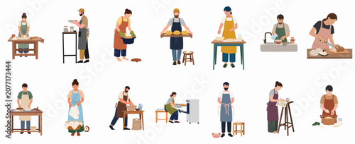 Collection of flat vector illustrations of diverse people in aprons performing various stages of baking and bread-making processes.