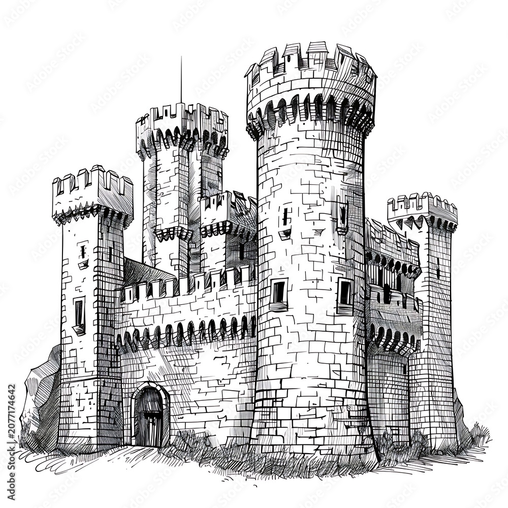 Obraz premium Medieval stone castle fortress with high towers pencil sketch isolated on white