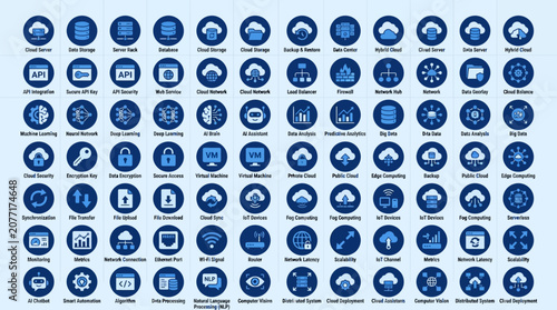 Collection of cloud computing and technology service icons.